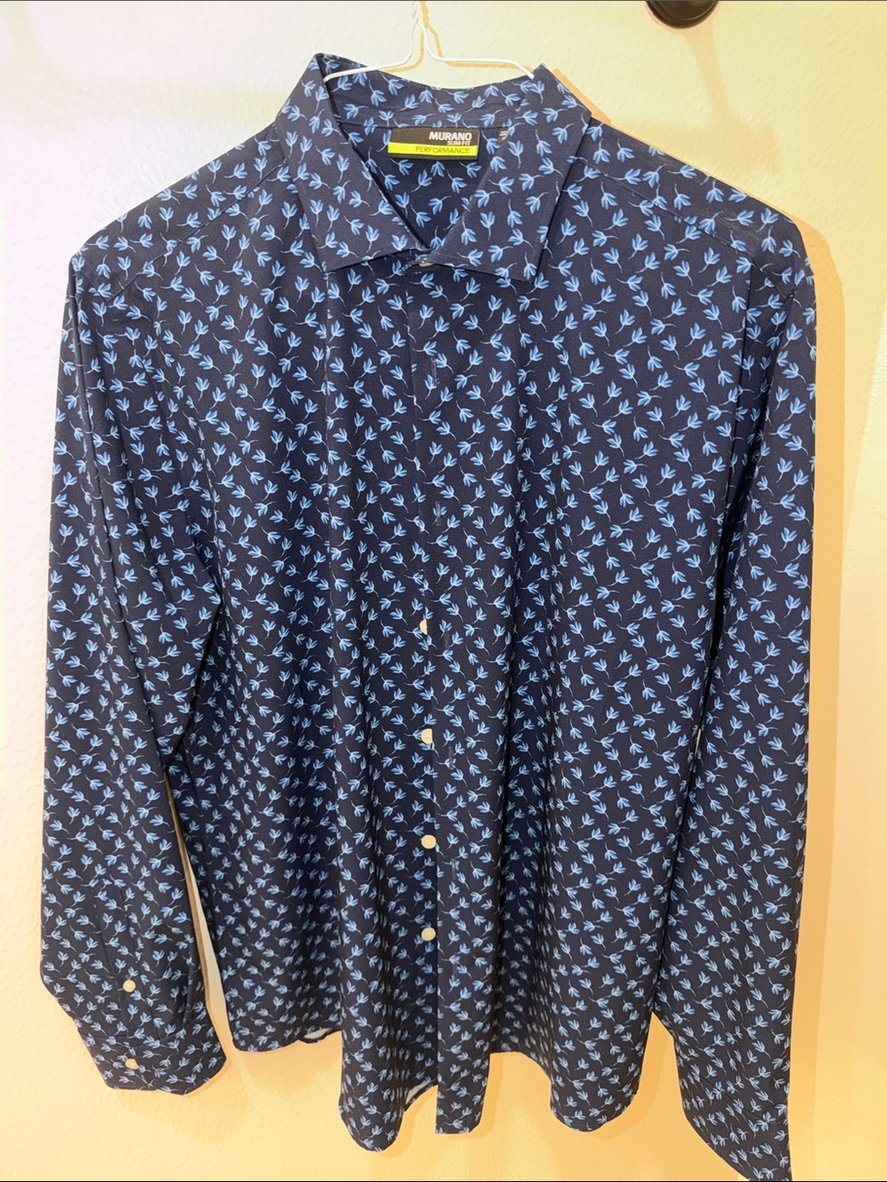 Murano Navy Blue Button-Up Shirt with Light Blue Print performance slim fit XL